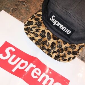 Supreme Men's Black Camp Cap with Leopard Brim